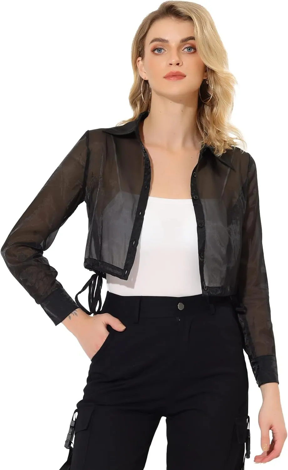 Allegra K Women's See Through Top Long Sleeve Drawstring Hem Button Down Cropped Mesh Sheer Jacket
