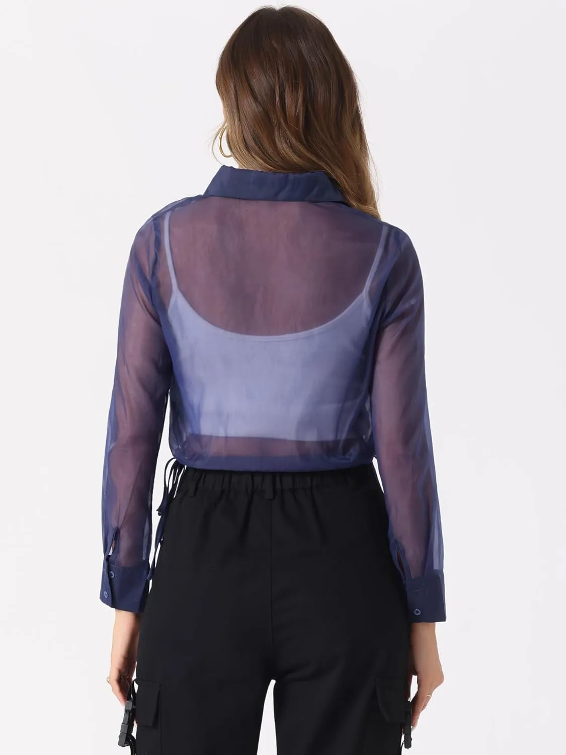 Allegra K Women's See Through Top Long Sleeve Drawstring Hem Button Down Cropped Mesh Sheer Jacket