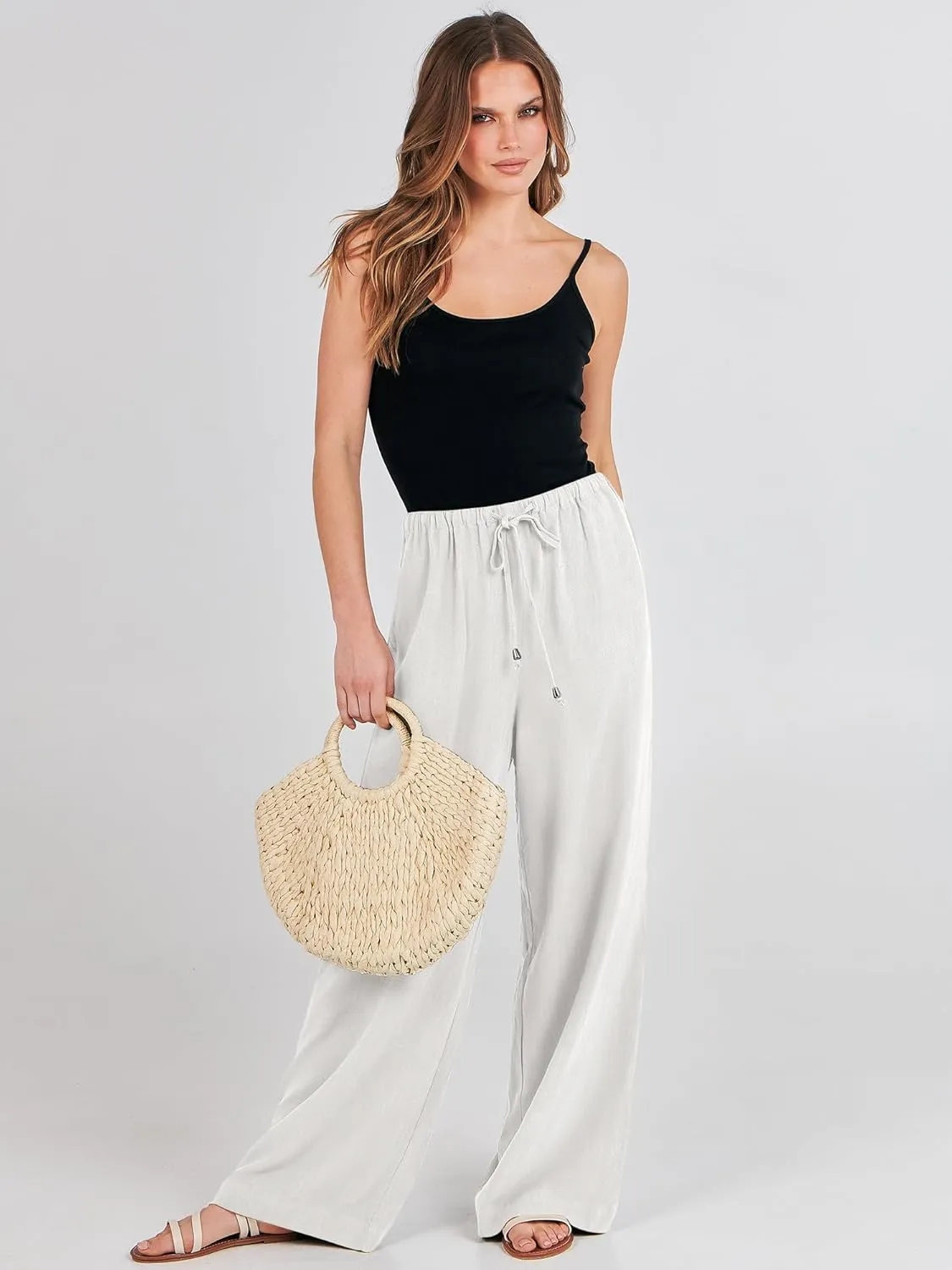 ANRABESS Womens Linen Palazzo Pants Summer Flowy Wide Leg Drawstring Casual Trousers with Pockets Beach Vacation Outfits