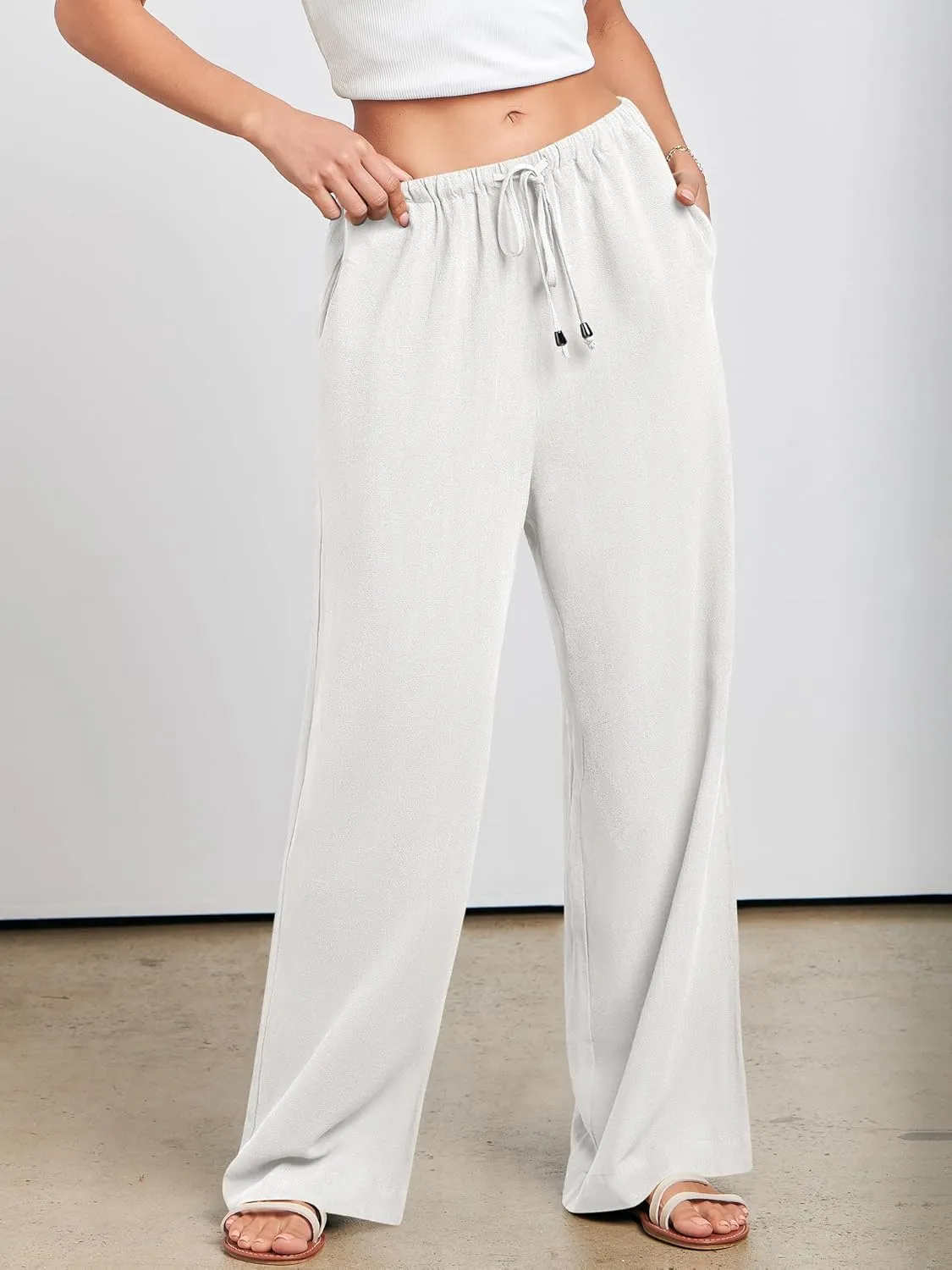 ANRABESS Womens Linen Palazzo Pants Summer Flowy Wide Leg Drawstring Casual Trousers with Pockets Beach Vacation Outfits