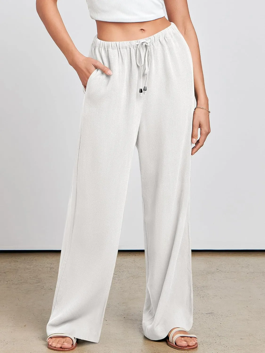 ANRABESS Womens Linen Palazzo Pants Summer Flowy Wide Leg Drawstring Casual Trousers with Pockets Beach Vacation Outfits
