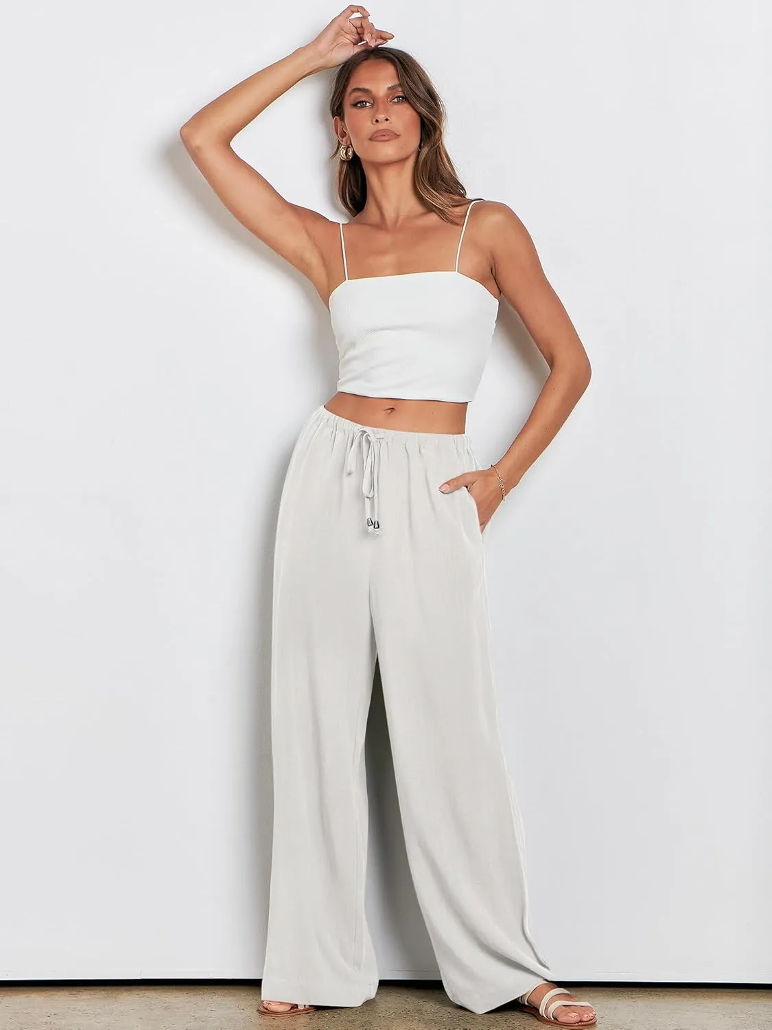ANRABESS Womens Linen Palazzo Pants Summer Flowy Wide Leg Drawstring Casual Trousers with Pockets Beach Vacation Outfits
