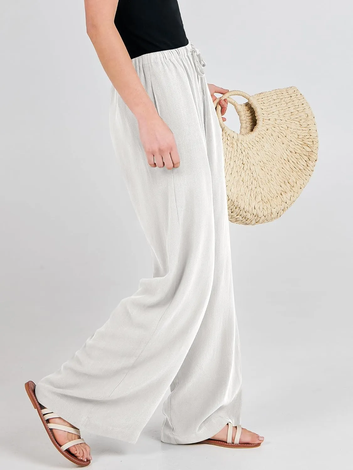 ANRABESS Womens Linen Palazzo Pants Summer Flowy Wide Leg Drawstring Casual Trousers with Pockets Beach Vacation Outfits