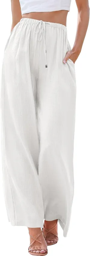 ANRABESS Womens Linen Palazzo Pants Summer Flowy Wide Leg Drawstring Casual Trousers with Pockets Beach Vacation Outfits