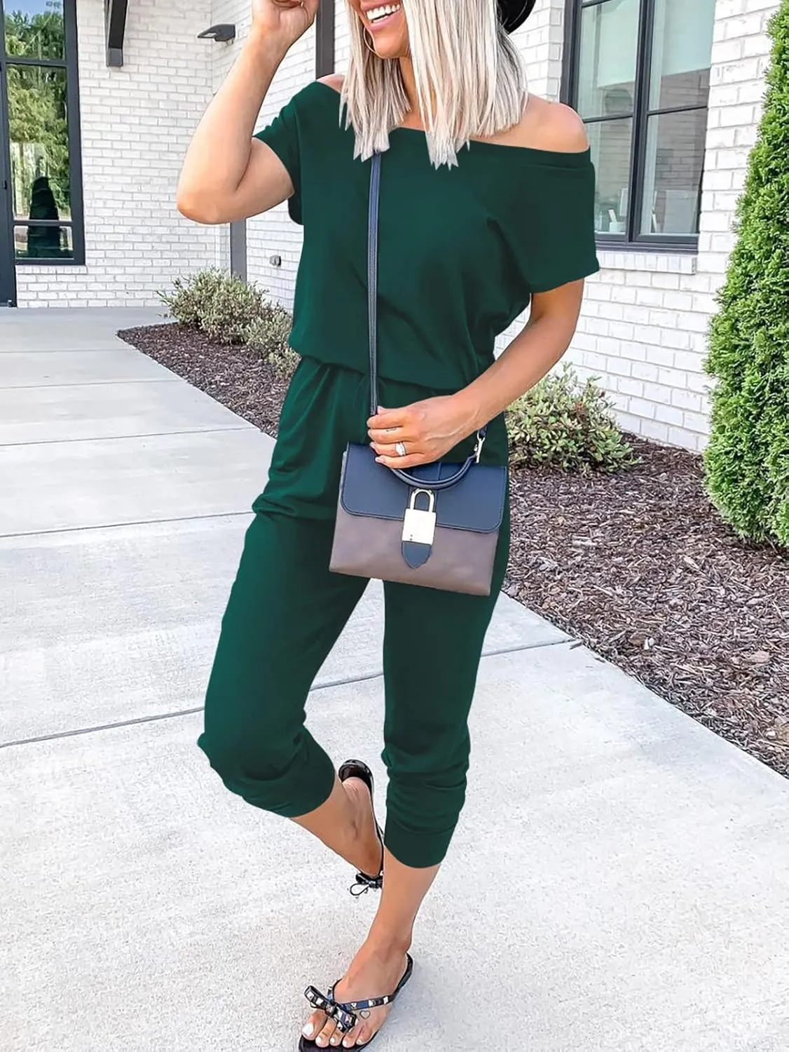 ANRABESS Women's Loose Summer Casual Off Shoulder Elastic Waist Stretchy Long Romper Jumpsuit