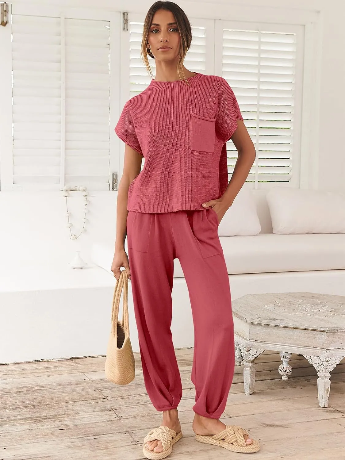 ANRABESS Women's Two Piece Outfits Knit Sweater Vest Crop Top Pants Lounge Matching Tracksuit Sweatsuit Travel Clothes Sets
