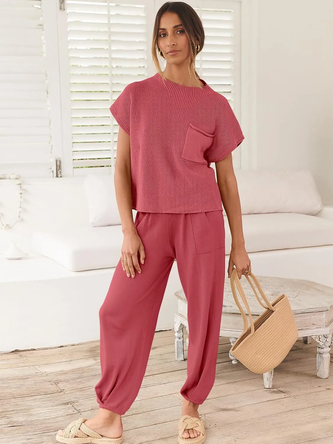 ANRABESS Women's Two Piece Outfits Knit Sweater Vest Crop Top Pants Lounge Matching Tracksuit Sweatsuit Travel Clothes Sets