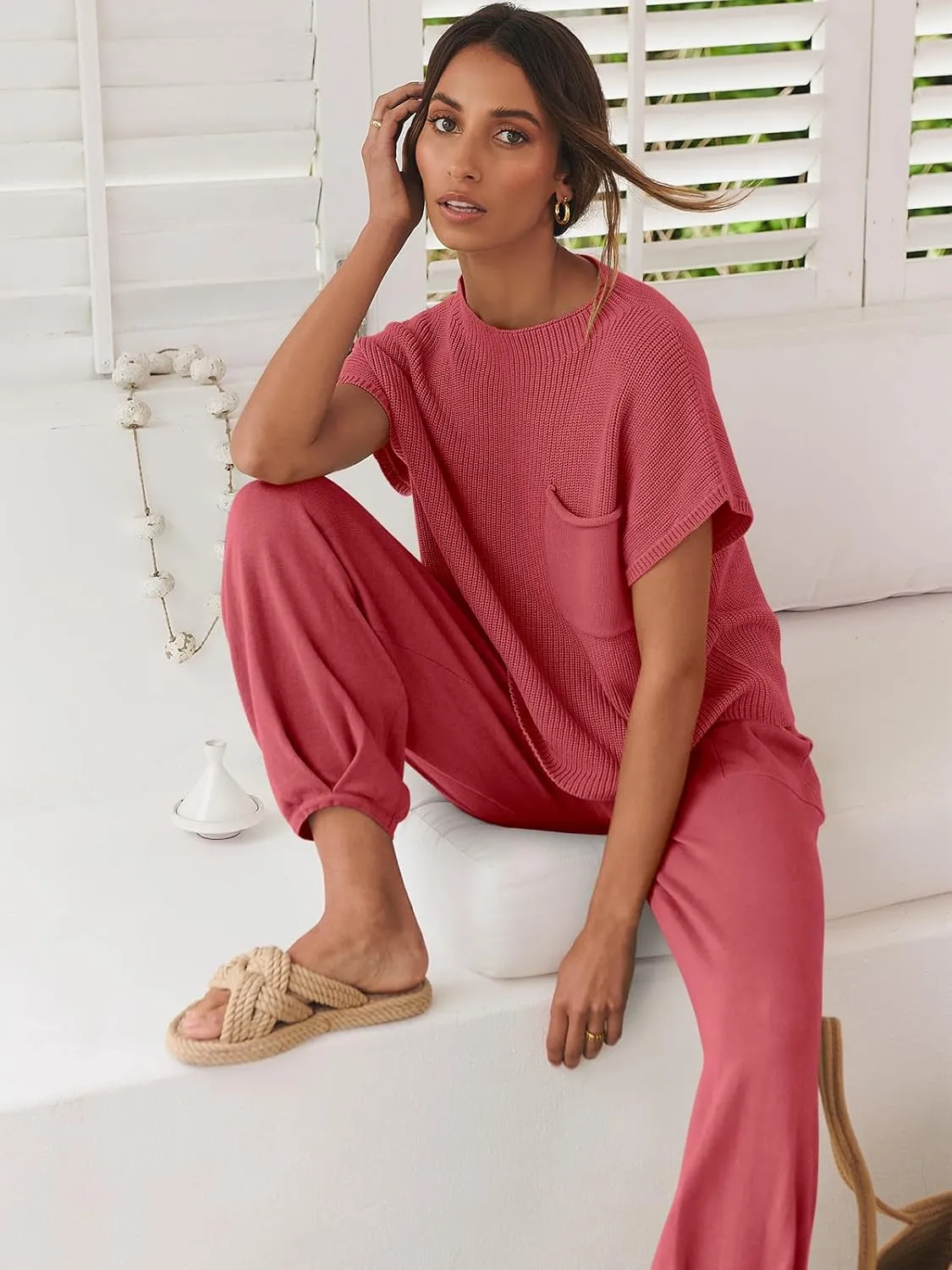 ANRABESS Women's Two Piece Outfits Knit Sweater Vest Crop Top Pants Lounge Matching Tracksuit Sweatsuit Travel Clothes Sets
