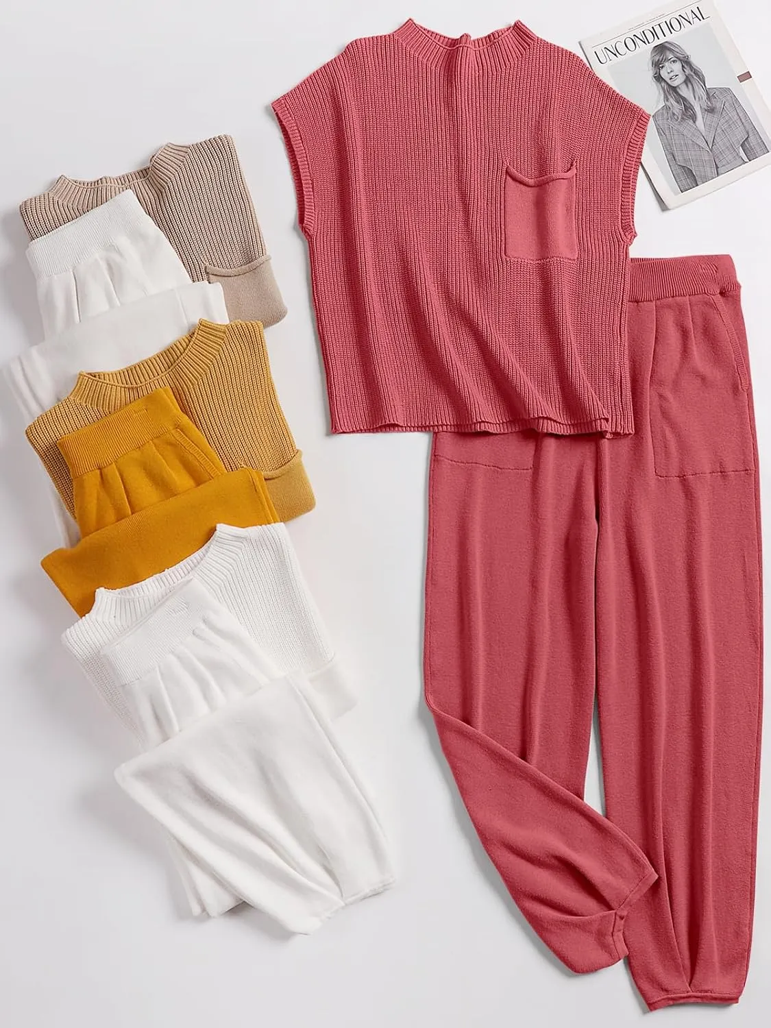 ANRABESS Women's Two Piece Outfits Knit Sweater Vest Crop Top Pants Lounge Matching Tracksuit Sweatsuit Travel Clothes Sets