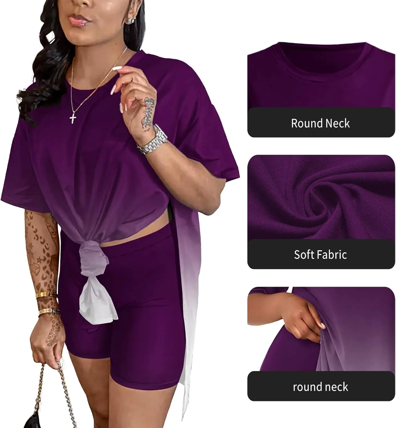 AOMONI Plus Size Two Piece Outfits For Women Summer Casual Tracksuit Side Split Short Sleeve Tunic Tops Shorts Sets
