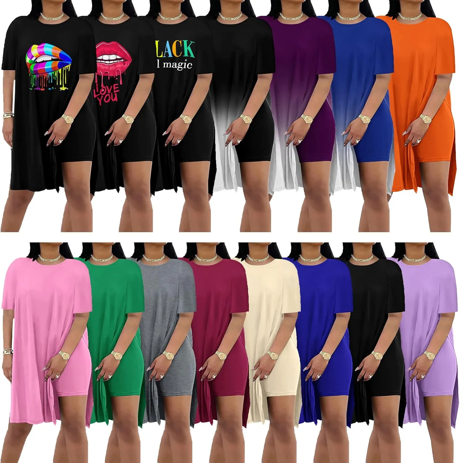 AOMONI Plus Size Two Piece Outfits For Women Summer Casual Tracksuit Side Split Short Sleeve Tunic Tops Shorts Sets