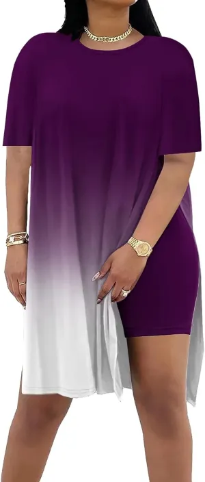 AOMONI Plus Size Two Piece Outfits For Women Summer Casual Tracksuit Side Split Short Sleeve Tunic Tops Shorts Sets