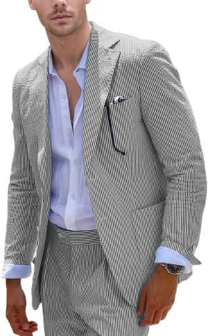 Aowdoy Blue Seersucker Suits 2 Piece Casual Summer Beach Men Suits Wedding Grooms Jacket Pants Striped Suit Set
