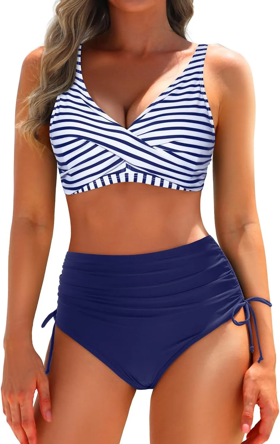 Aqua Eve Women High Waisted Bikini Twist Front Swimsuits Lace up Bikini Tops Ruched Push up 2 Piece Bathing Suits