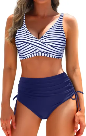 Aqua Eve Women High Waisted Bikini Twist Front Swimsuits Lace up Bikini Tops Ruched Push up 2 Piece Bathing Suits