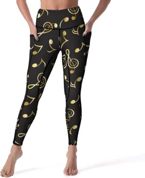 Athletic High Waist Yoga Pants Women's Workout Leggings with Pockets Exercise Tights White Music Notes Sports Trousers