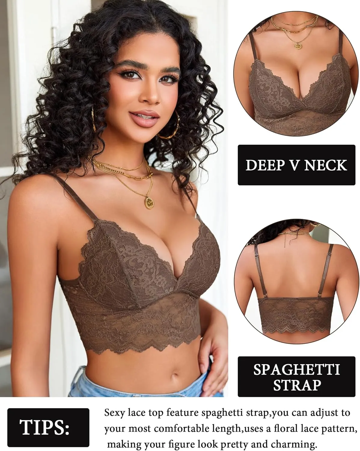 Avidlove Bralettes for Women V Neck Spaghetti Strap Bra Lace Tops Sexy Cami Crop Top Going Out Lingerie Outfits