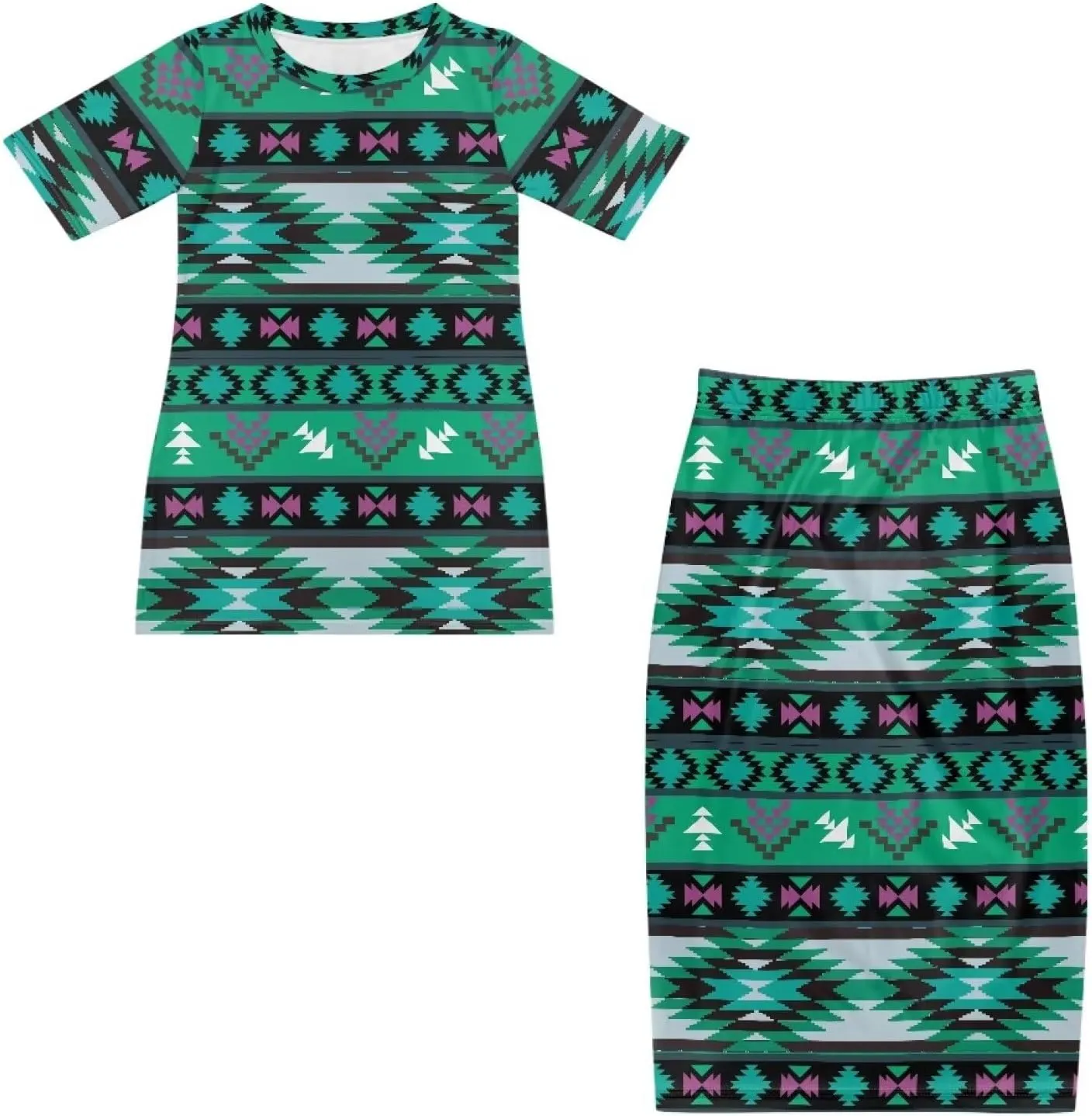 Aztec Native American High Waist Midi Skirt Set Women 2 Piece Summer Outfits Tops High Waist Midi Skirt Set