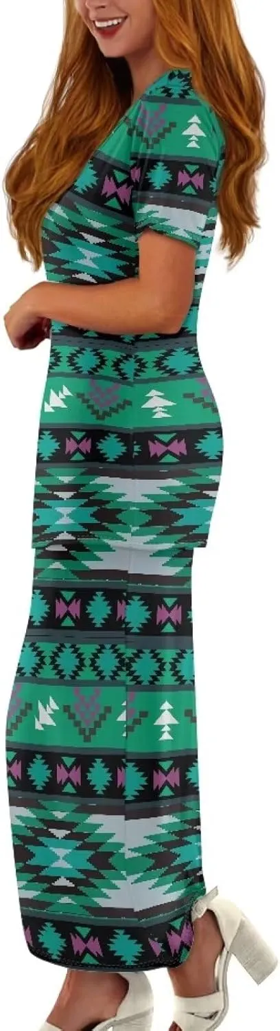 Aztec Native American High Waist Midi Skirt Set Women 2 Piece Summer Outfits Tops High Waist Midi Skirt Set