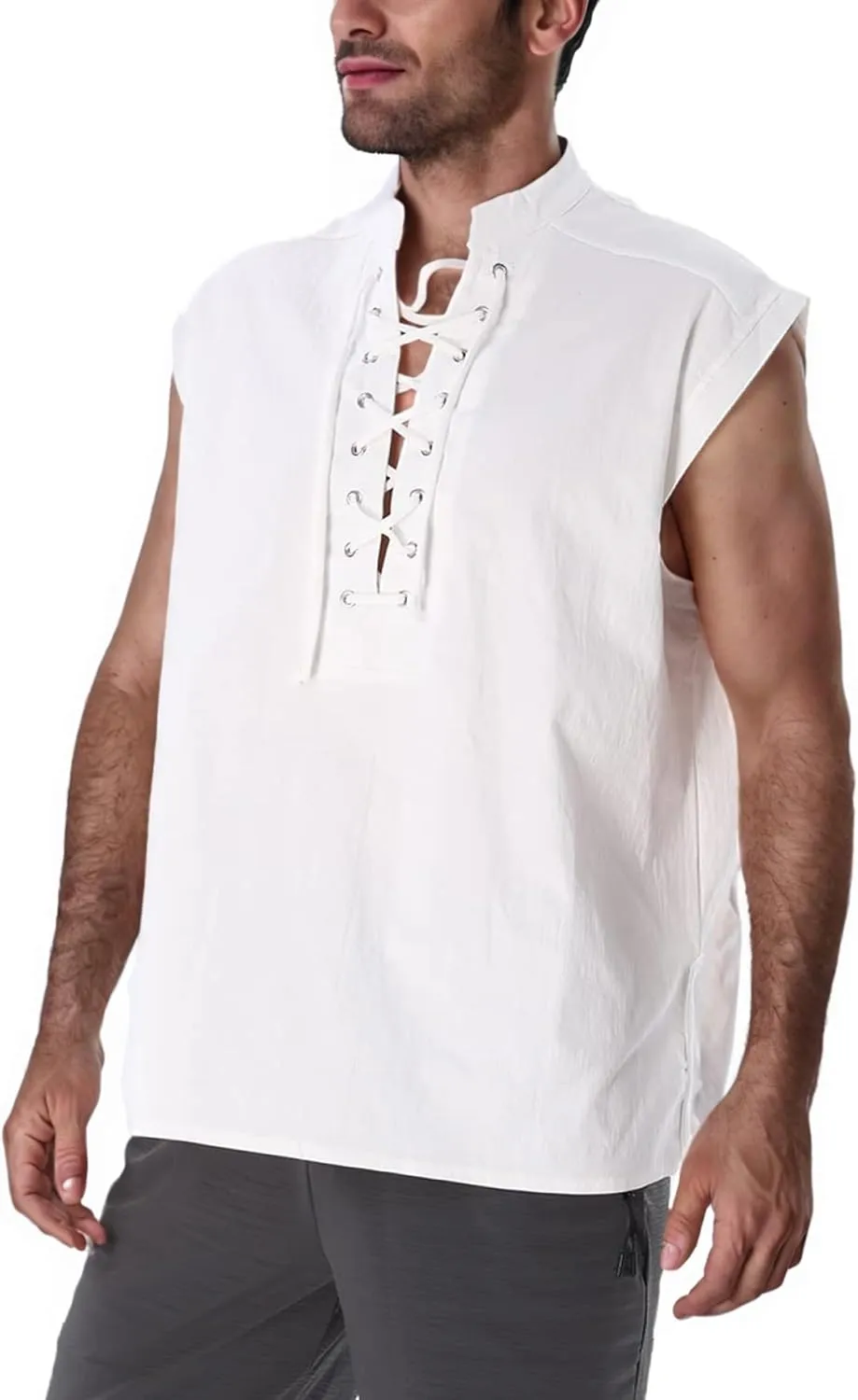 BAKUGOU Mens Medieval Lace Up Sleeveless Shirt Viking Renaissance Pirate Tunic Top Warrior Costume Vest for Men