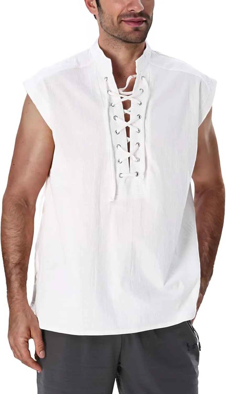 BAKUGOU Mens Medieval Lace Up Sleeveless Shirt Viking Renaissance Pirate Tunic Top Warrior Costume Vest for Men