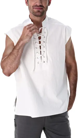 BAKUGOU Mens Medieval Lace Up Sleeveless Shirt Viking Renaissance Pirate Tunic Top Warrior Costume Vest for Men
