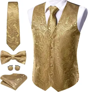 Barry.Wang Mens Paisley V-neck Suit Vest Formal/Leisure Silk Jacquard Waistcoat Tie Set 5PCS