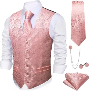 Barry.Wang Mens Paisley V-neck Suit Vest Formal/Leisure Silk Jacquard Waistcoat Tie Set 5PCS