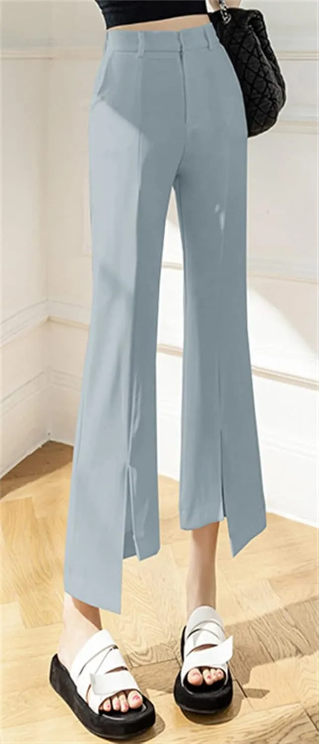 Betusline Women's Split Front High Waist Asymmetrical Hem Cropped Bootcut Pants