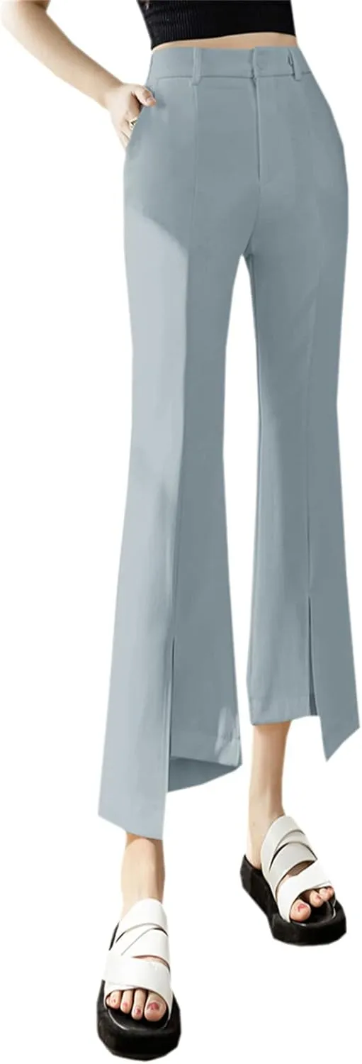 Betusline Women's Split Front High Waist Asymmetrical Hem Cropped Bootcut Pants