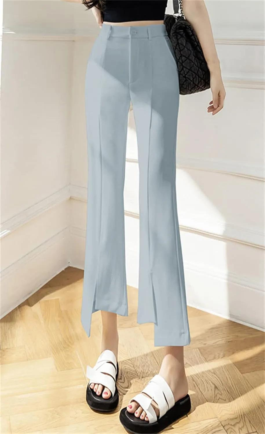 Betusline Women's Split Front High Waist Asymmetrical Hem Cropped Bootcut Pants