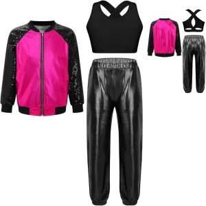 Big Girls 3Pcs Hip-hop Street Dance Outfits Crop Vest with Jacket and Pants Set Gymnastic Dancewear