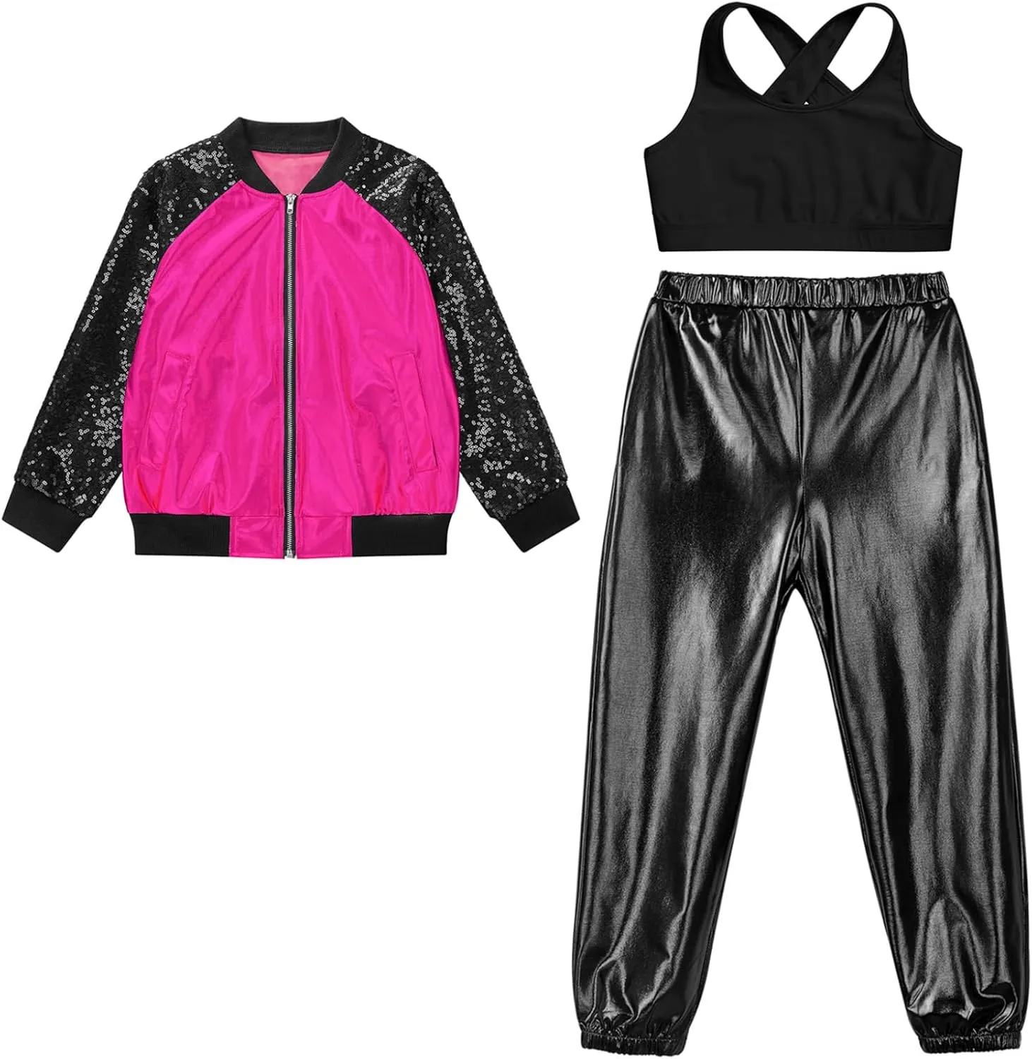 Big Girls 3Pcs Hip-hop Street Dance Outfits Crop Vest with Jacket and Pants Set Gymnastic Dancewear