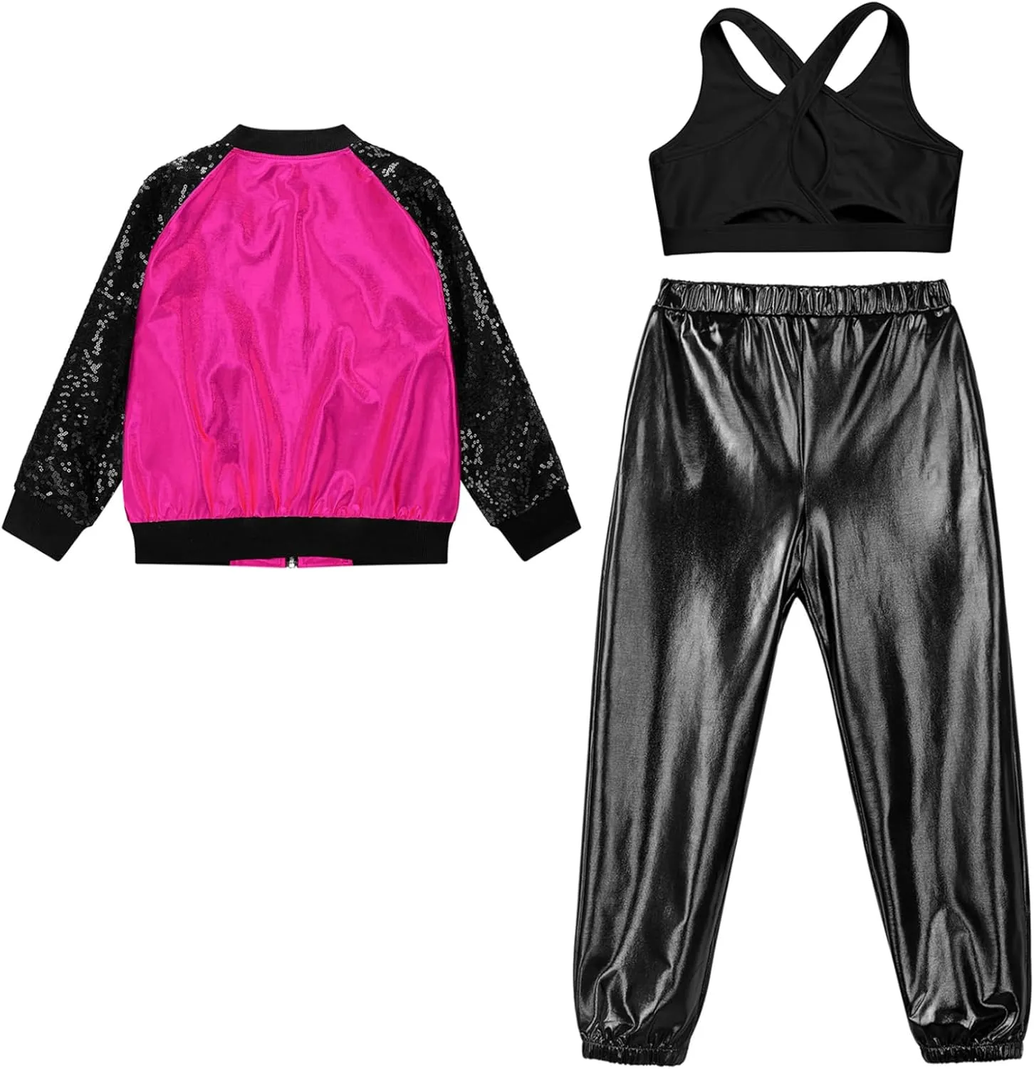 Big Girls 3Pcs Hip-hop Street Dance Outfits Crop Vest with Jacket and Pants Set Gymnastic Dancewear