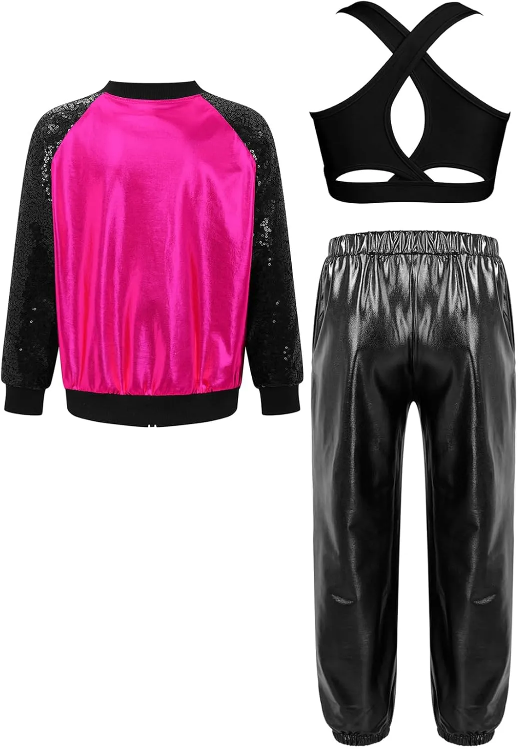 Big Girls 3Pcs Hip-hop Street Dance Outfits Crop Vest with Jacket and Pants Set Gymnastic Dancewear