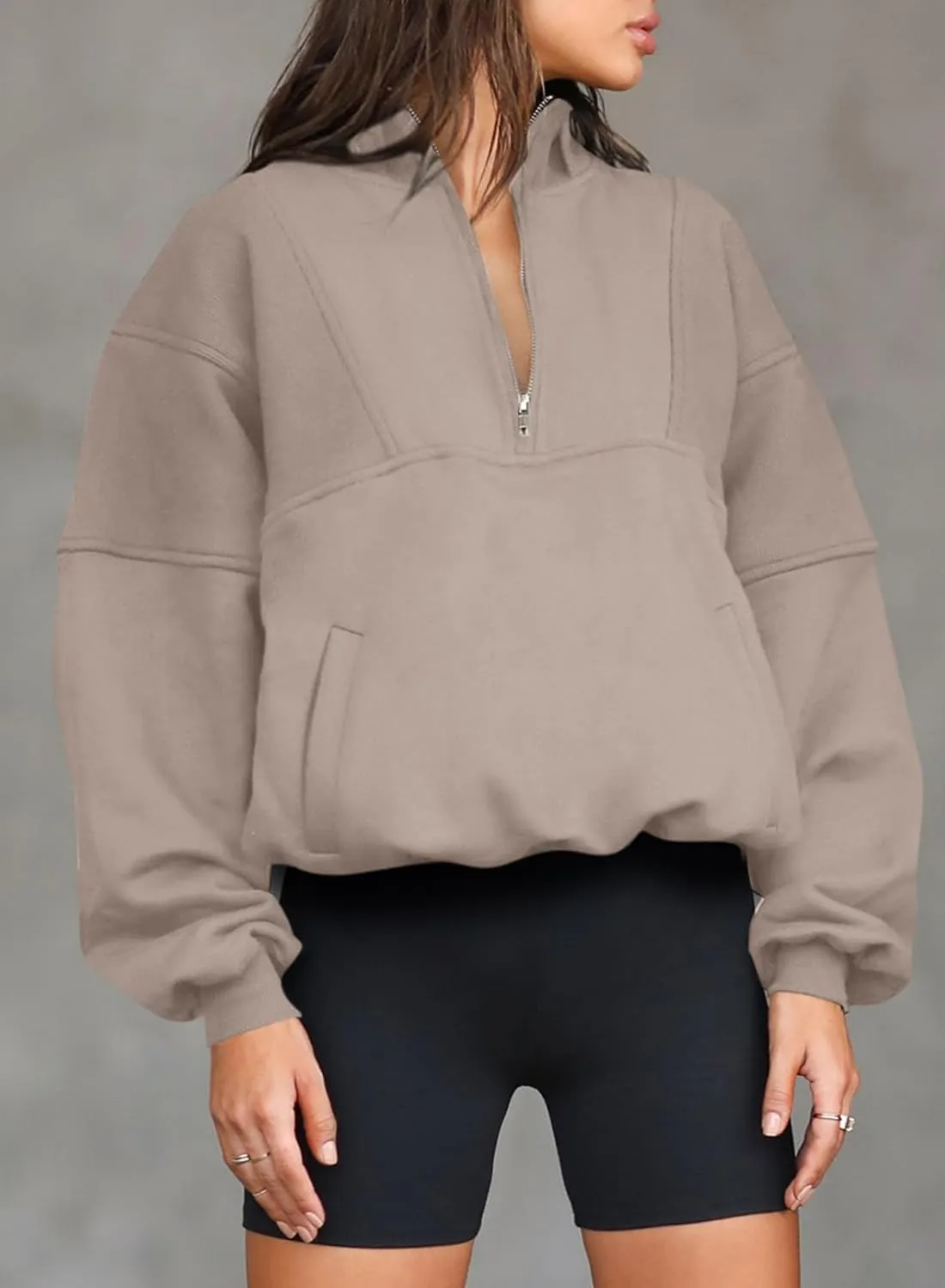 BLENCOT Women Half Zip Oversized Sweatshirts Long Sleeve Fleece Trendy Cropped Pullover Workout Warm Tops With Pockets S-2XL