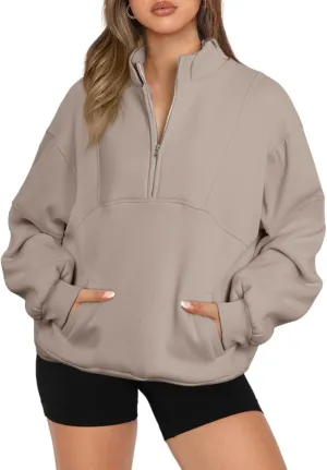 BLENCOT Women Half Zip Oversized Sweatshirts Long Sleeve Fleece Trendy Cropped Pullover Workout Warm Tops With Pockets S-2XL