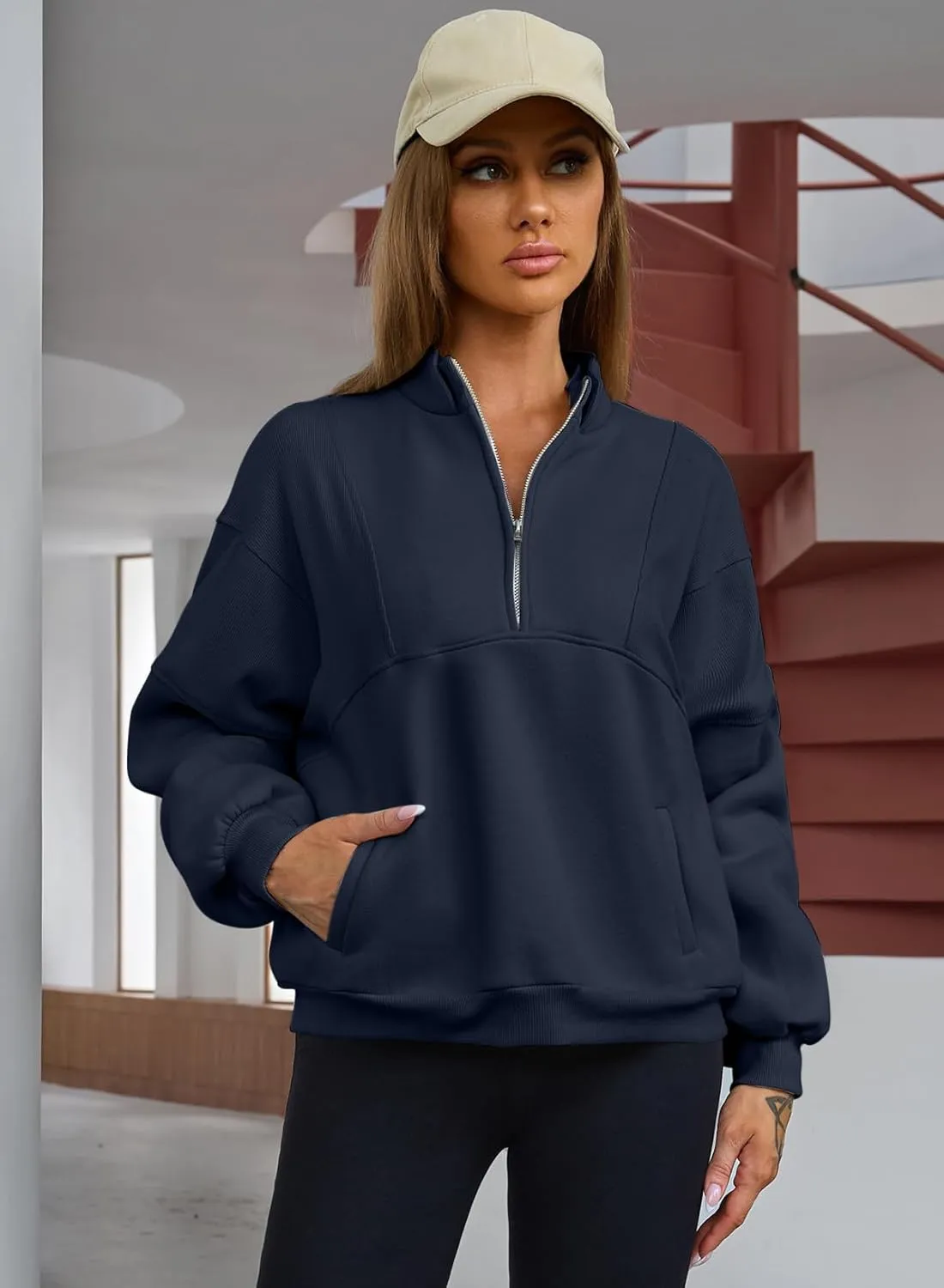 BLENCOT Women Half Zip Oversized Sweatshirts Long Sleeve Fleece Trendy Cropped Pullover Workout Warm Tops With Pockets S-2XL