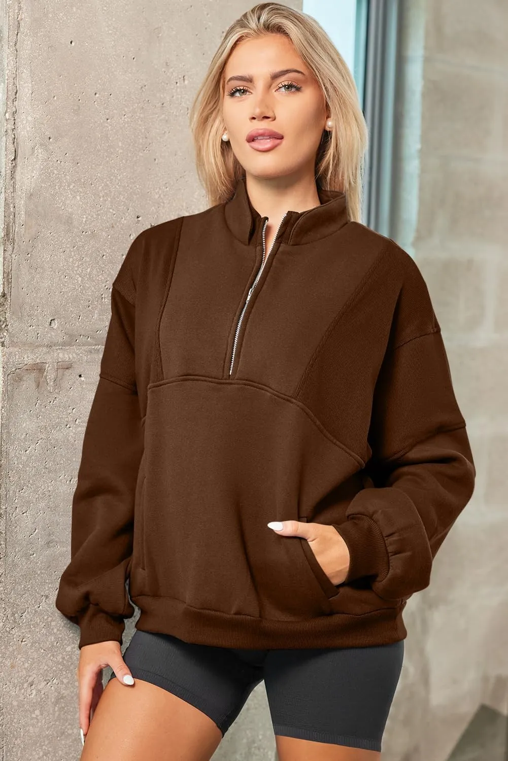 BLENCOT Women Half Zip Oversized Sweatshirts Long Sleeve Fleece Trendy Cropped Pullover Workout Warm Tops With Pockets S-2XL