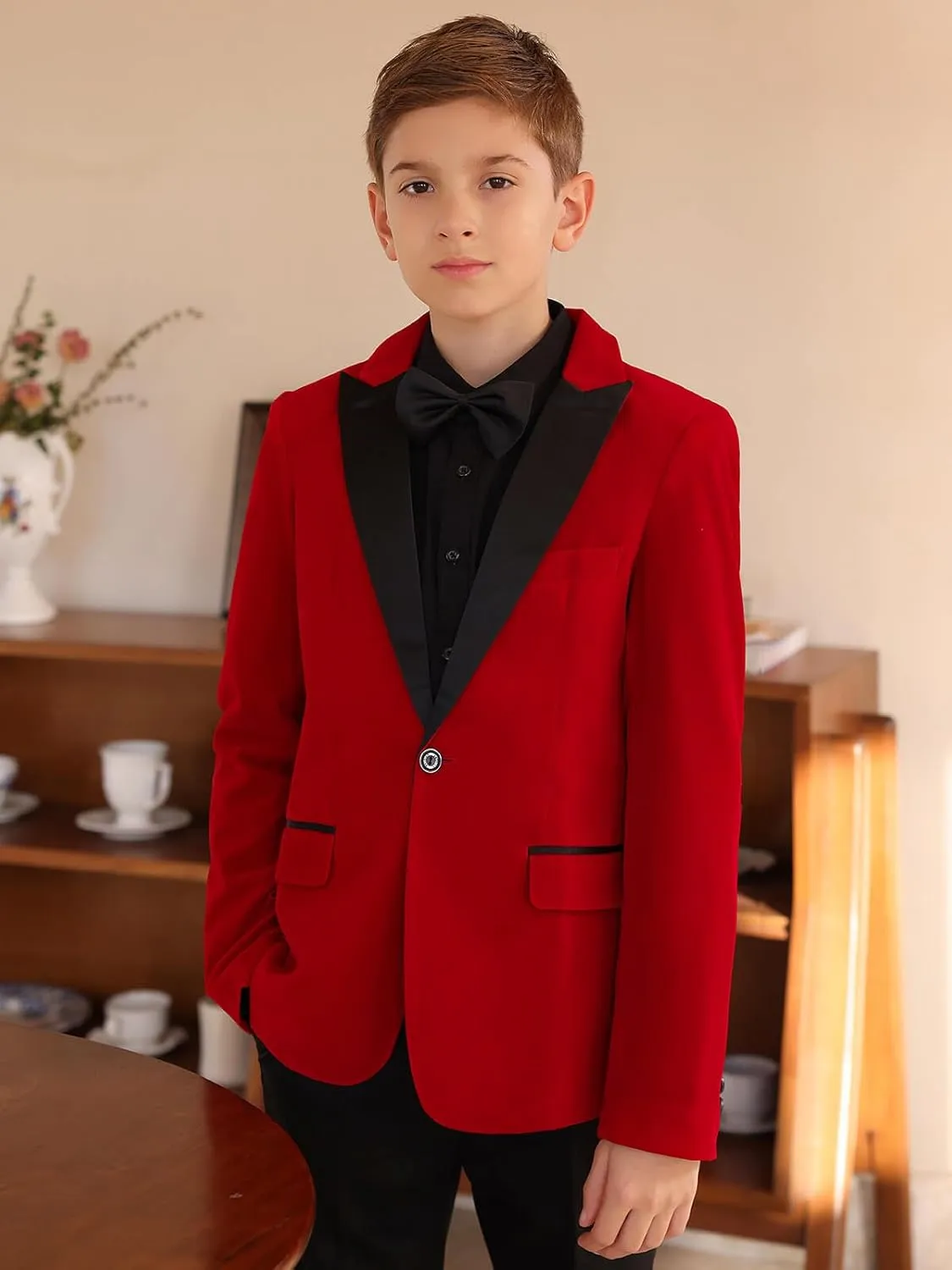 Boyland Boys Tuxedo Suit Velvet Peak Lapel Vintage 2 Pieces Slim Fit Jacket Pants Suit Set Prom Party