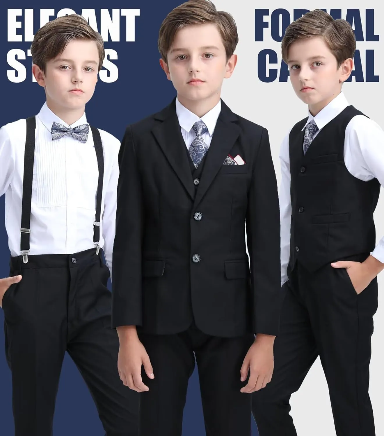 Boys Suit Kids Tuxedo Suits for Boys Adjustable Waist Vest Pants Suspenders Set Wedding Christmas Outfits
