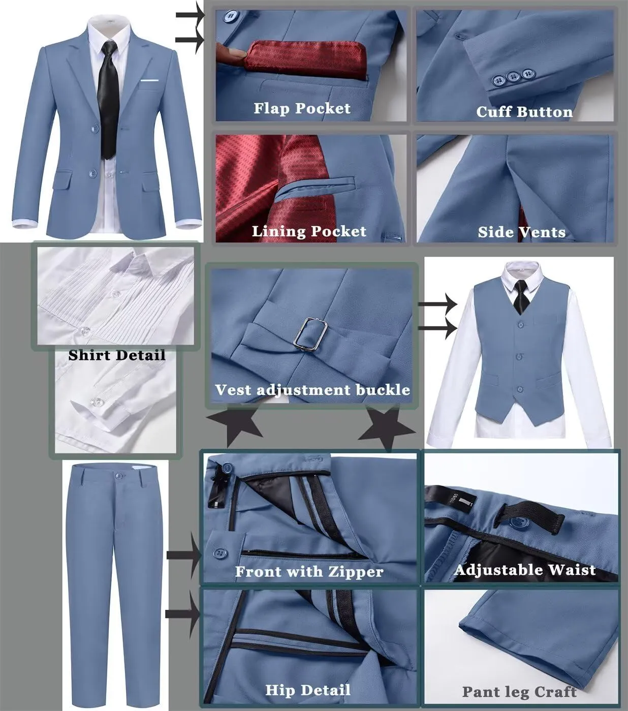 Boys Suit Set Slim Fit Kids Formal Suits Toddler Tuxedo Wedding Prom Classic Suits for Boy Teen Black Blue Dress Outfit