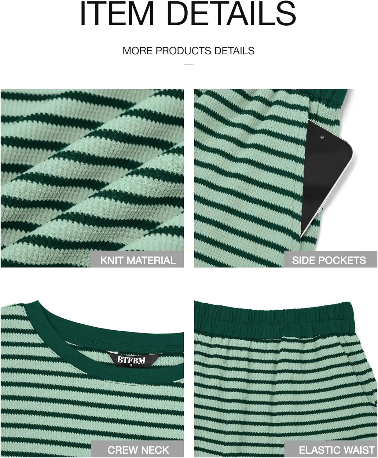 BTFBM Womens Striped Knit Sets 2 Piece Outfits 2025 Summer Short Sleeve Tops Elastic Waist Shorts Lounge Sets Pockets