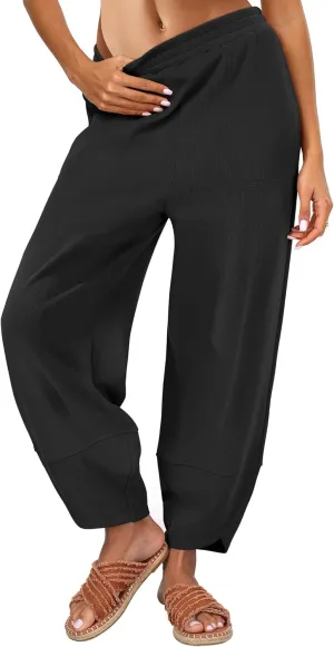 Caracilia Women Wide Leg Pants Casual Elastic Waist Loose Baggy Harem Comfy Beach Lounge Sweatpants with Pockets