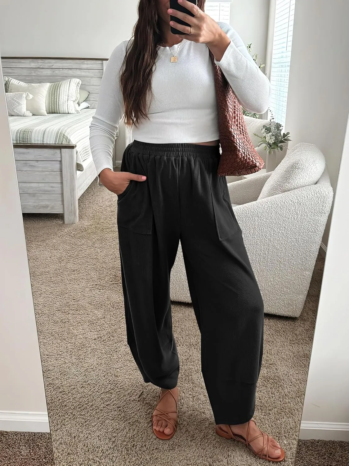 Caracilia Women Wide Leg Pants Casual Elastic Waist Loose Baggy Harem Comfy Beach Lounge Sweatpants with Pockets