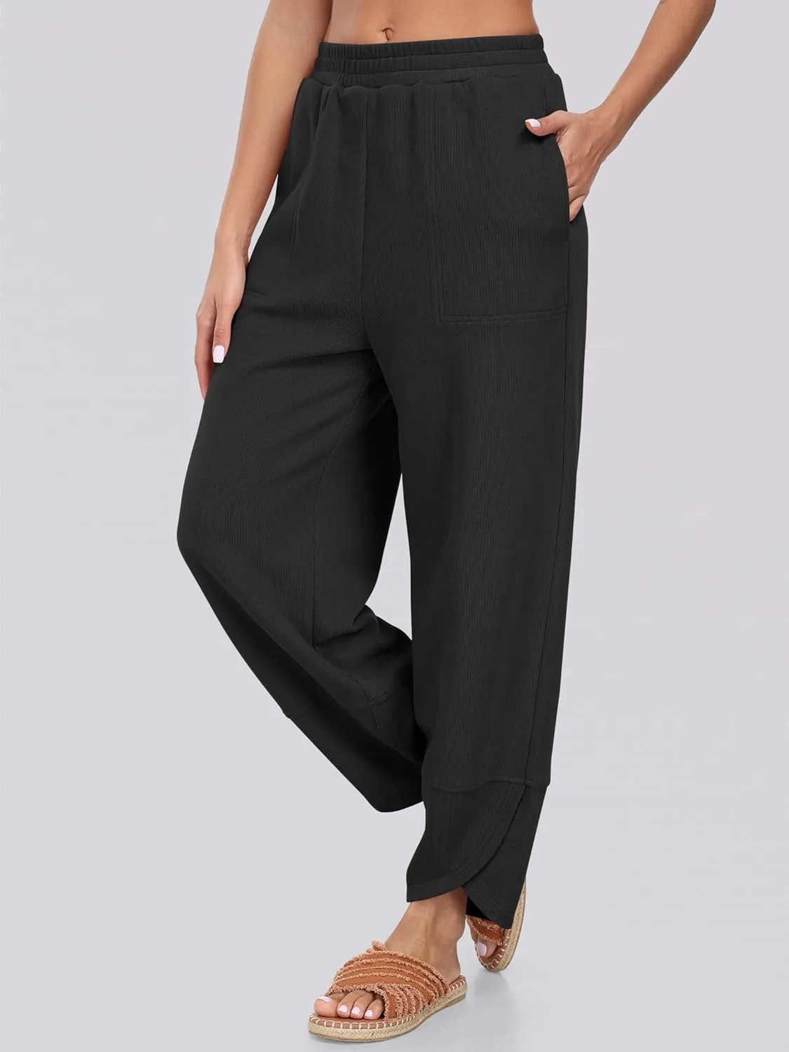 Caracilia Women Wide Leg Pants Casual Elastic Waist Loose Baggy Harem Comfy Beach Lounge Sweatpants with Pockets