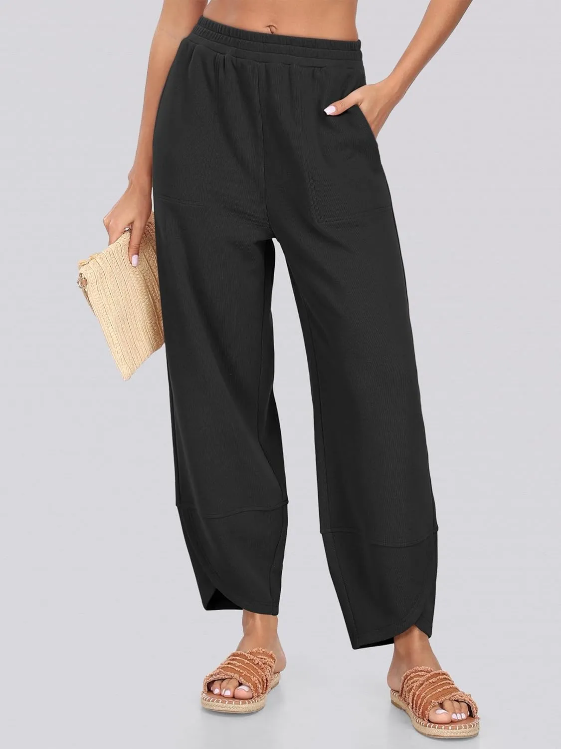 Caracilia Women Wide Leg Pants Casual Elastic Waist Loose Baggy Harem Comfy Beach Lounge Sweatpants with Pockets