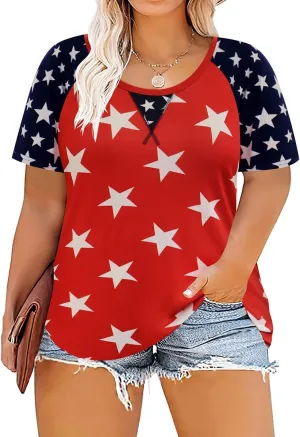 CARCOS Plus Size Tops for Women Short Sleeve Shirt Summer Star/Leopard/Tie Dye/Flower Crewneck Pullover Tunic XL-5XL