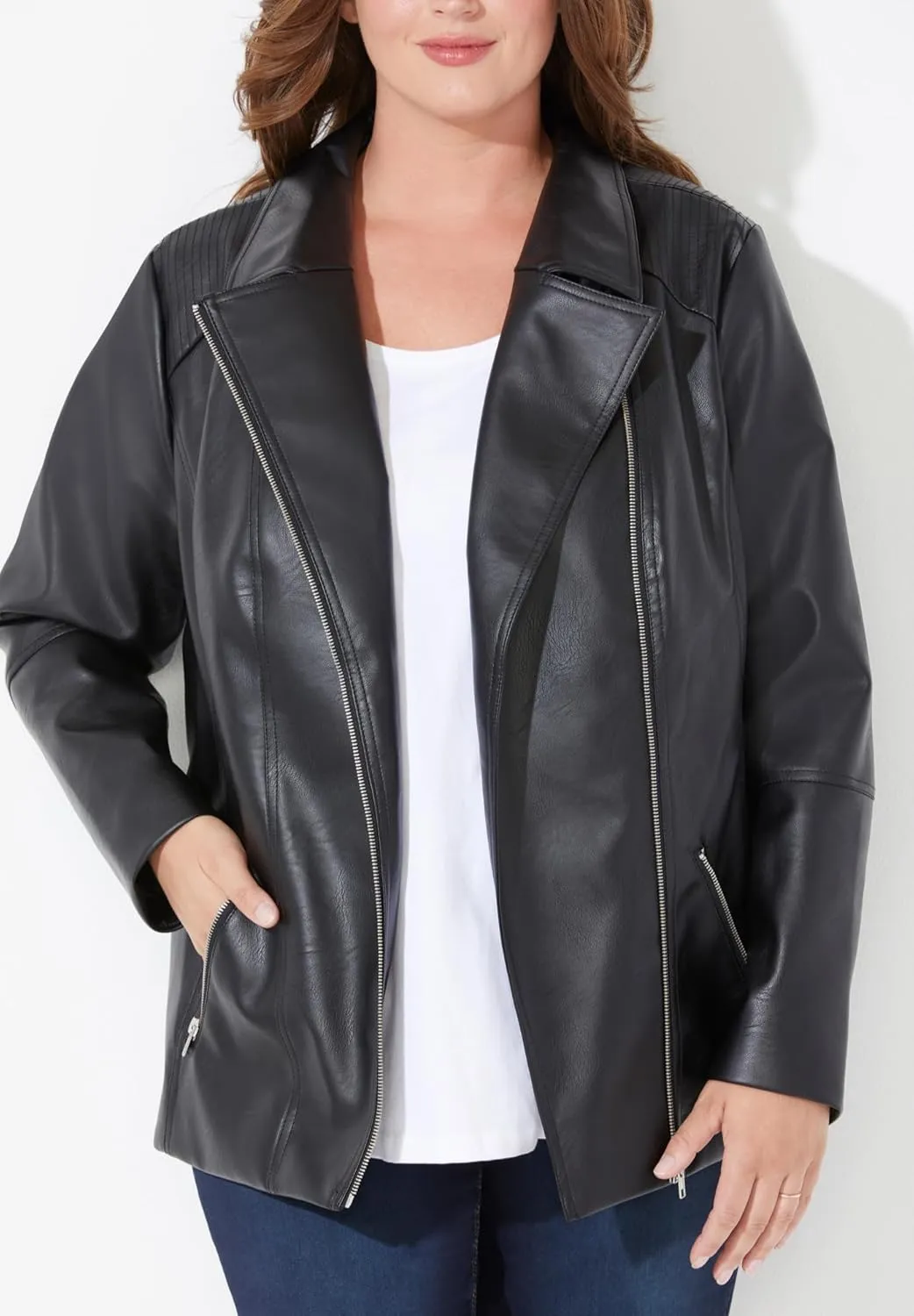 Catherines Women's Plus Size Faux Leather Moto Jacket
