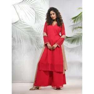 CHARUKRITI Fuchsia Georgette Kurta with Palazzo and Dupatta with Beads Work (Set of 3)